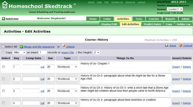 Getting to know Homeschoolskedtrack, part 3: Activities